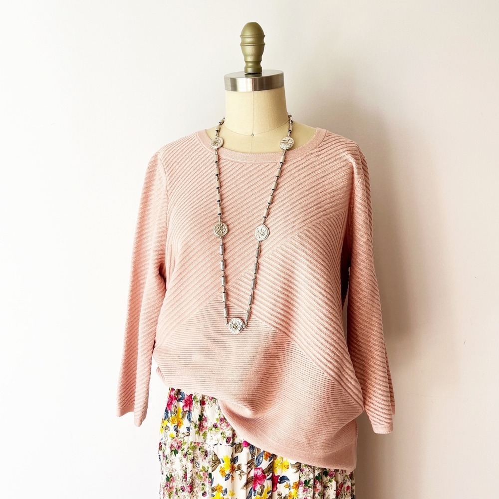 Chico's Ribbed Knit Sweater Pink Slouchy Oversized Texture 3/4 Sleeve Size 2